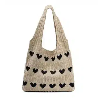 Heart Pattern Knitted Tote Bag