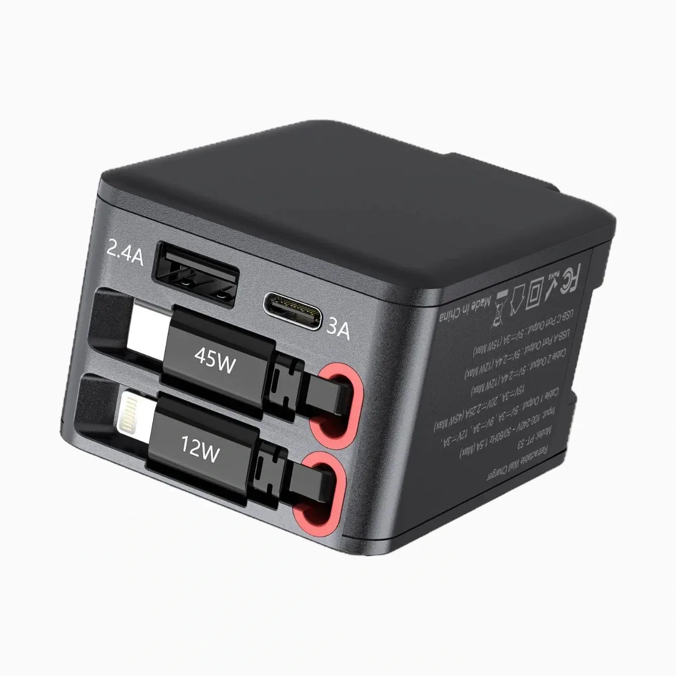 Multi-Device Fast Charging Adapter with Built-In Cables, USB & Type-C Ports – Compact All-in-One Charger